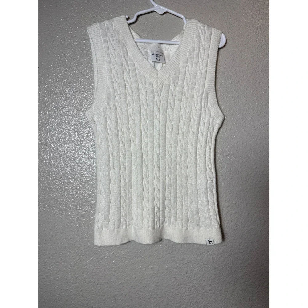 Abercrombie Kids Girls Cable Knit Sweater Vest White Ivory V Neck 9/10